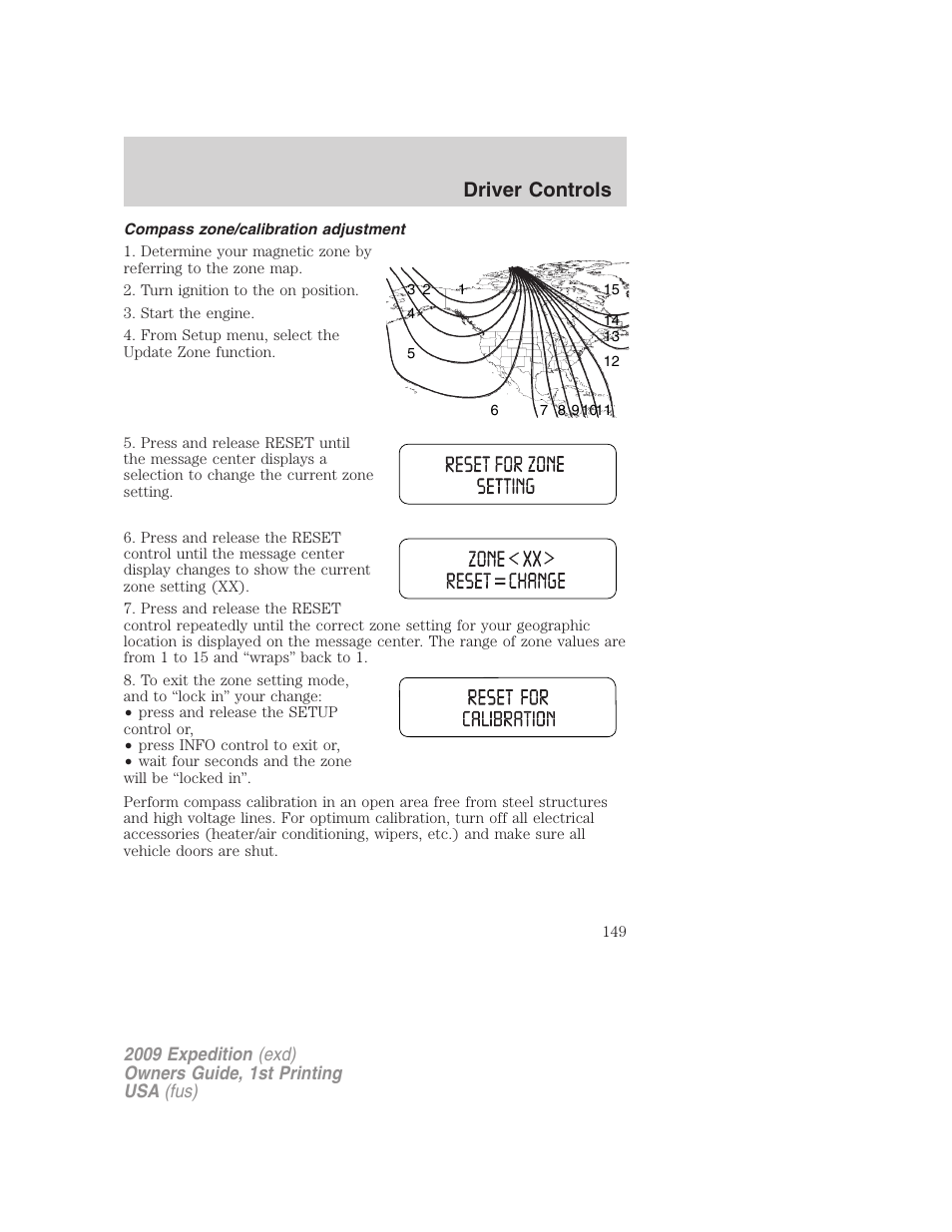 Compass zone/calibration adjustment, Driver controls | FORD 2009 Expedition v.1 User Manual | Page 149 / 416