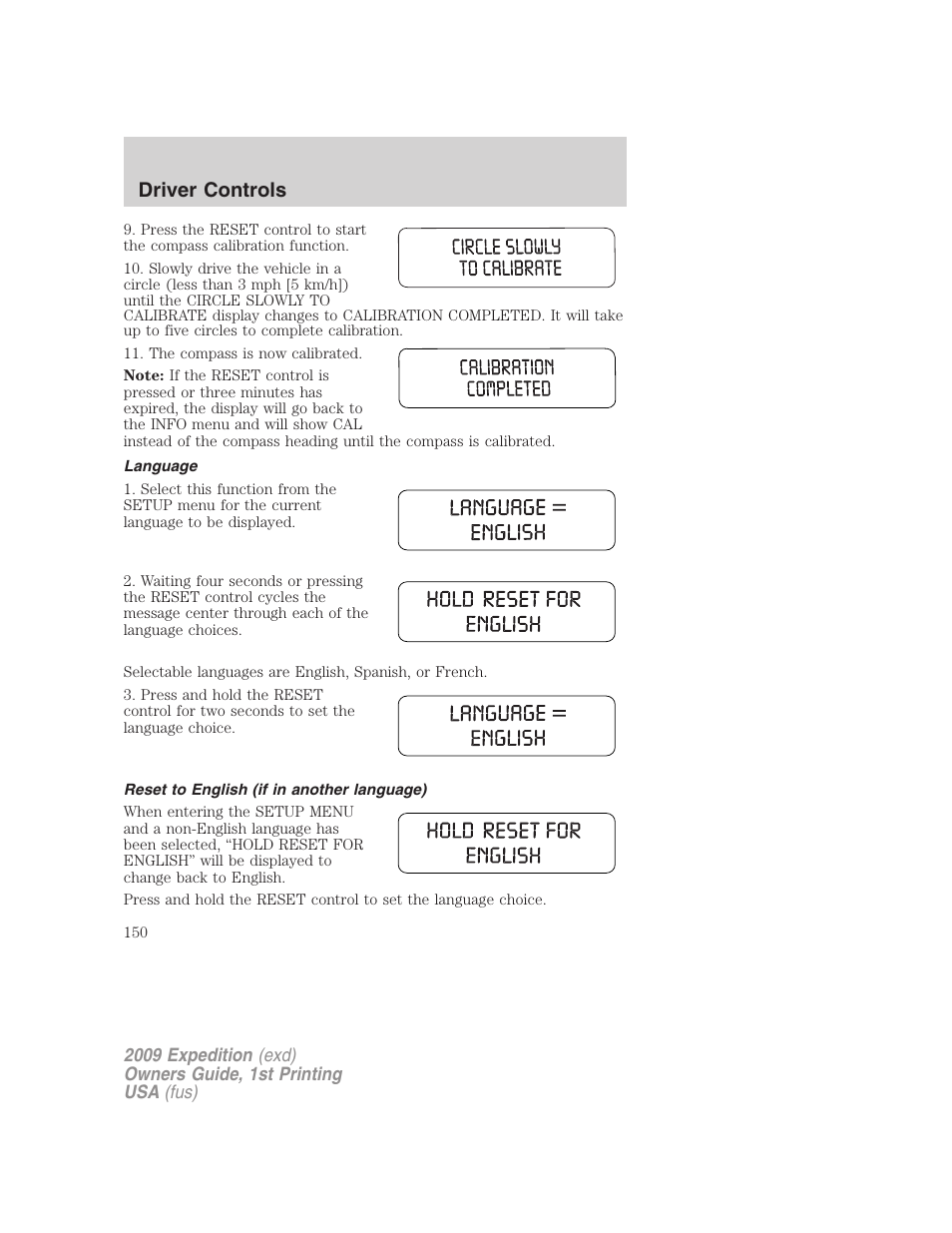 Language, Reset to english (if in another language), Driver controls | FORD 2009 Expedition v.1 User Manual | Page 150 / 416