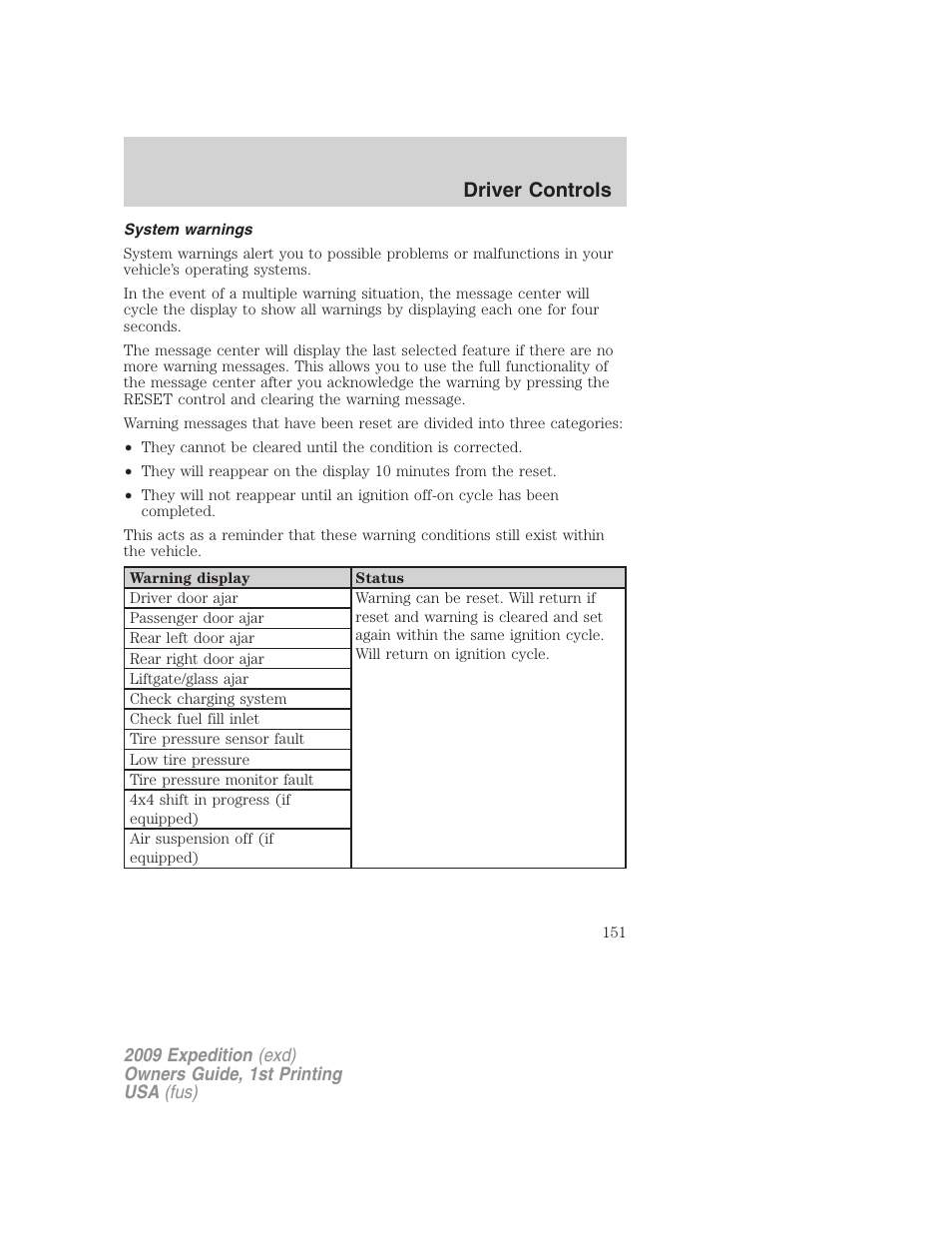 System warnings, Driver controls | FORD 2009 Expedition v.1 User Manual | Page 151 / 416