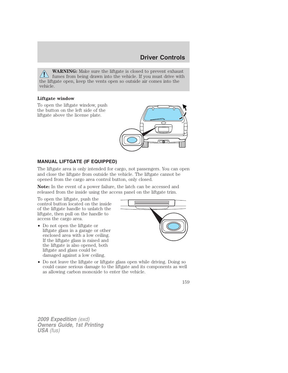Manual liftgate (if equipped), Driver controls | FORD 2009 Expedition v.1 User Manual | Page 159 / 416