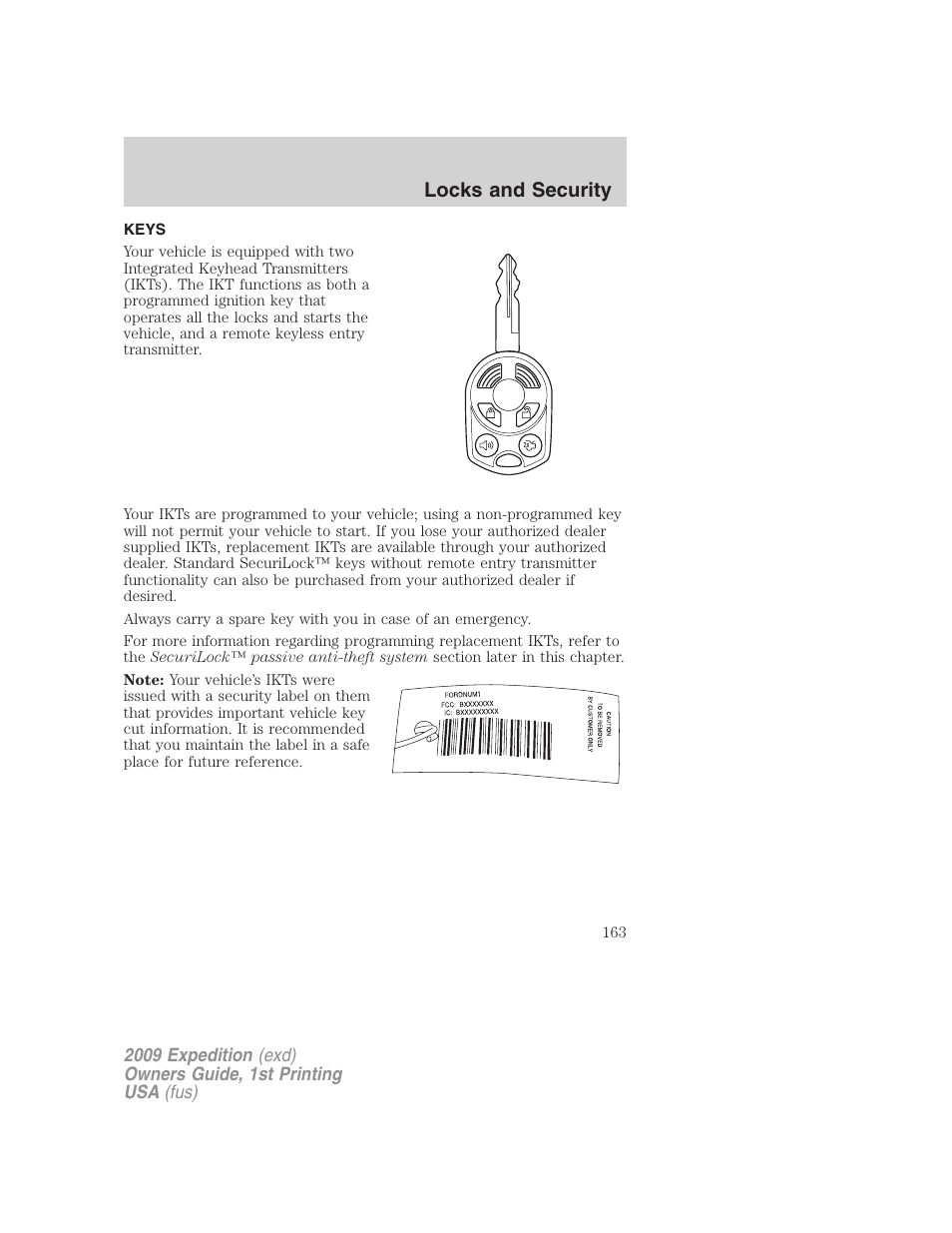 Locks and security, Keys | FORD 2009 Expedition v.1 User Manual | Page 163 / 416