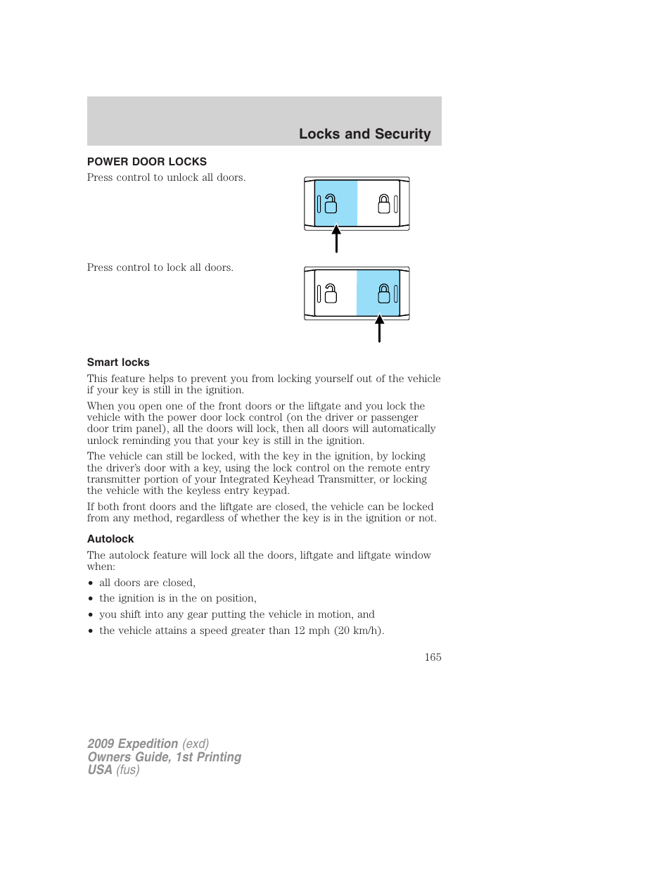 Power door locks, Smart locks, Autolock | Locks, Locks and security | FORD 2009 Expedition v.1 User Manual | Page 165 / 416