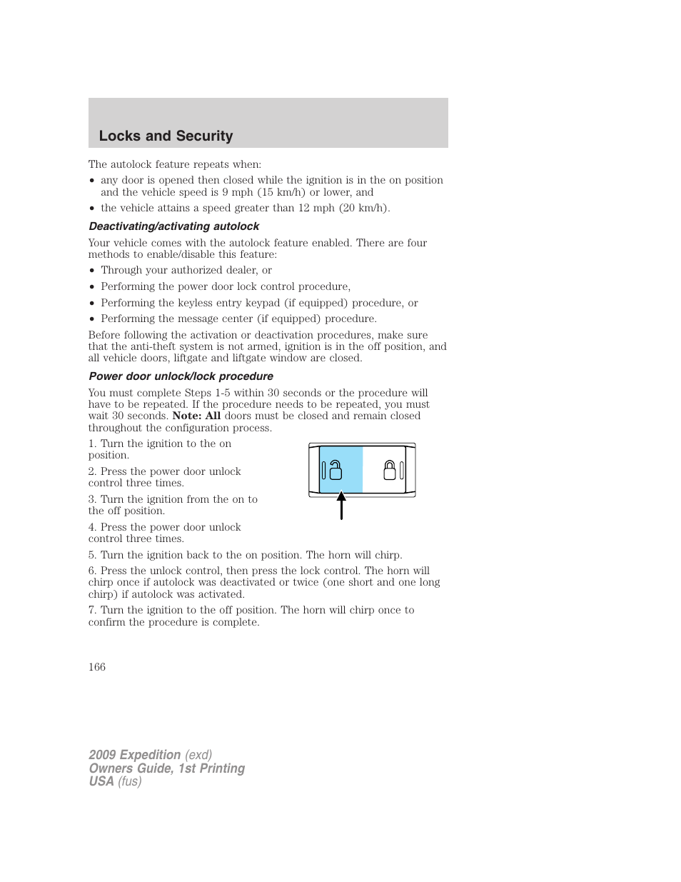 Deactivating/activating autolock, Power door unlock/lock procedure, Locks and security | FORD 2009 Expedition v.1 User Manual | Page 166 / 416