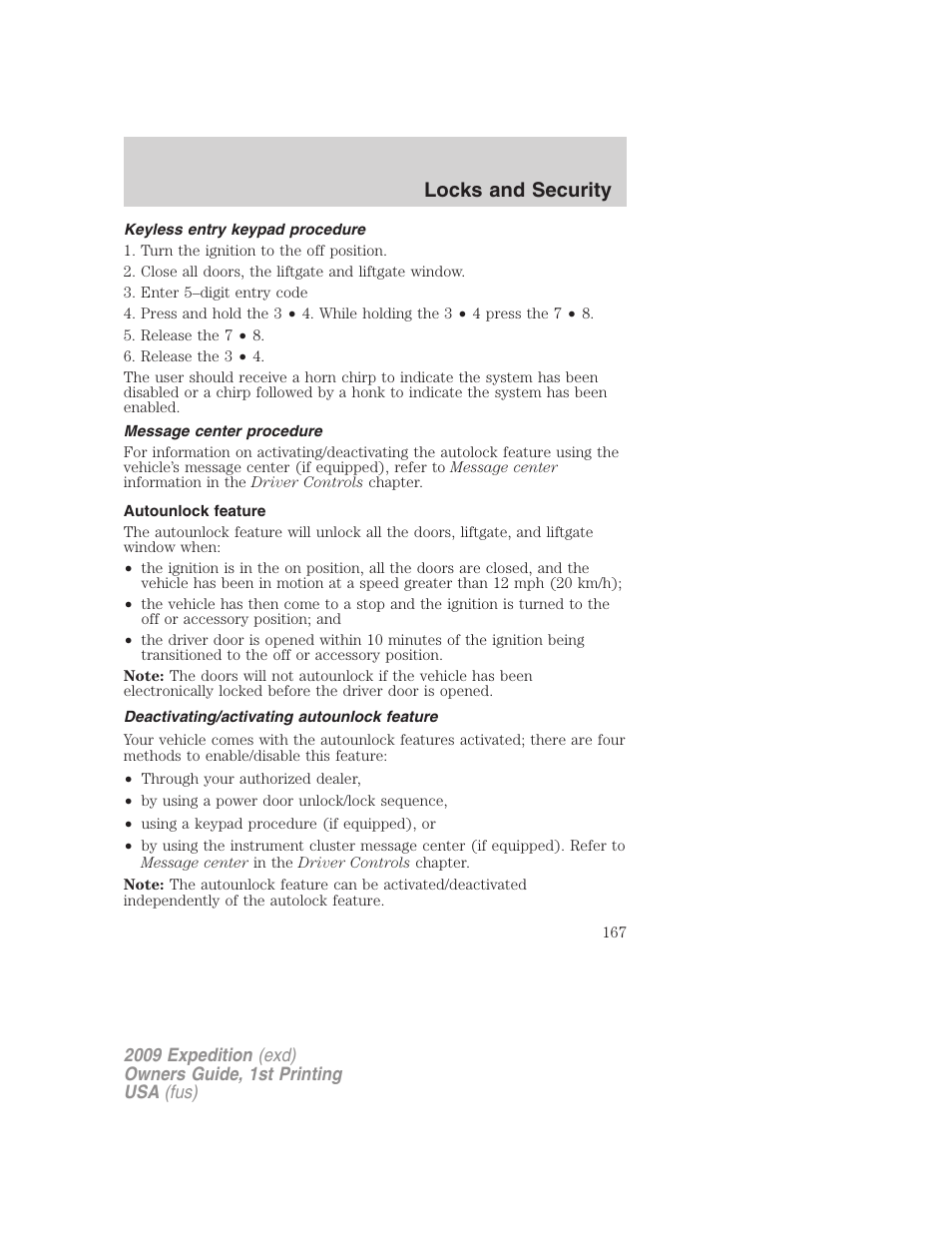 Keyless entry keypad procedure, Message center procedure, Autounlock feature | Deactivating/activating autounlock feature, Locks and security | FORD 2009 Expedition v.1 User Manual | Page 167 / 416