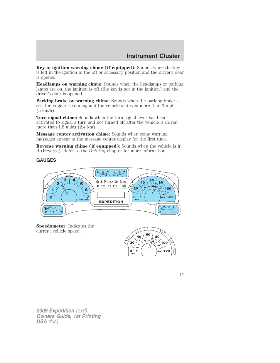 Gauges, Instrument cluster | FORD 2009 Expedition v.1 User Manual | Page 17 / 416