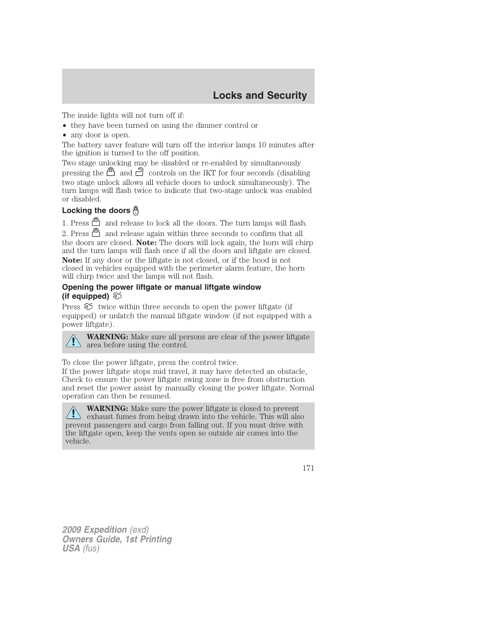 Locking the doors, Locks and security | FORD 2009 Expedition v.1 User Manual | Page 171 / 416