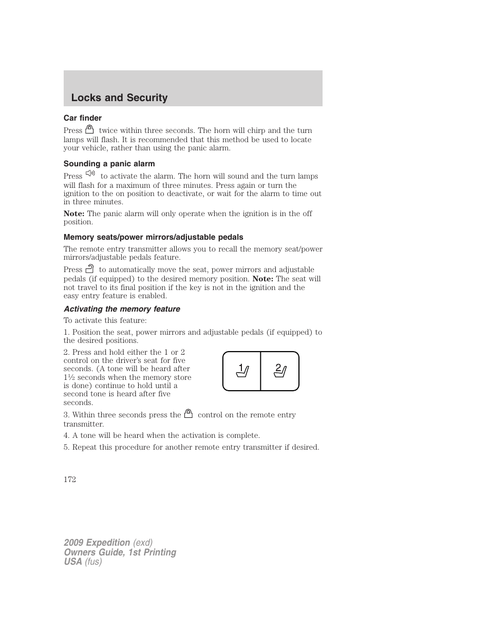 Car finder, Sounding a panic alarm, Memory seats/power mirrors/adjustable pedals | Activating the memory feature, Locks and security | FORD 2009 Expedition v.1 User Manual | Page 172 / 416