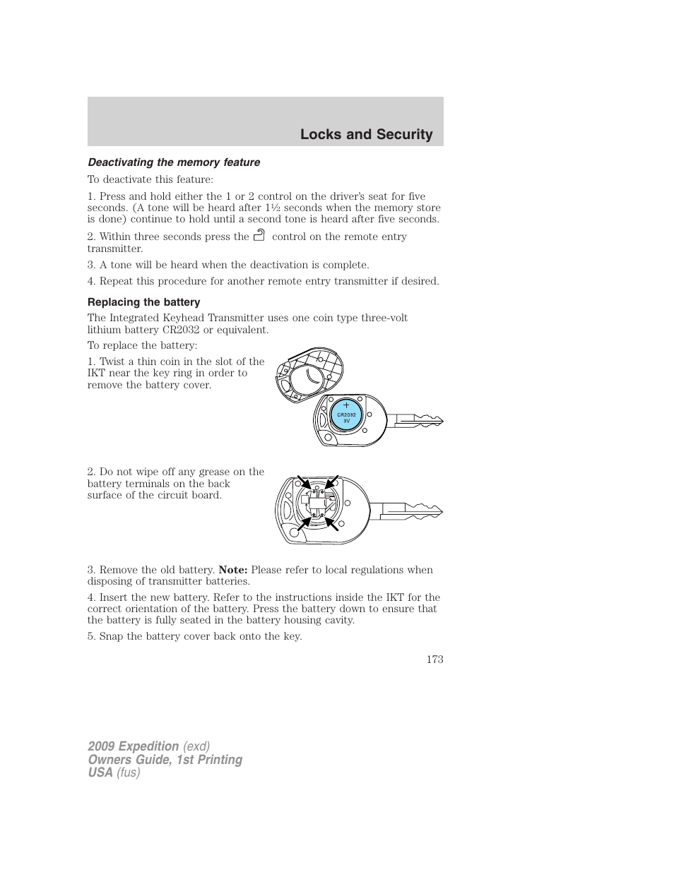 Deactivating the memory feature, Replacing the battery, Locks and security | FORD 2009 Expedition v.1 User Manual | Page 173 / 416