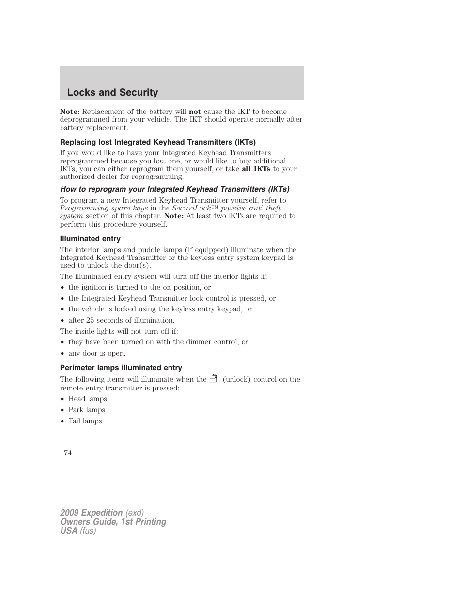 Illuminated entry, Perimeter lamps illuminated entry, Locks and security | FORD 2009 Expedition v.1 User Manual | Page 174 / 416