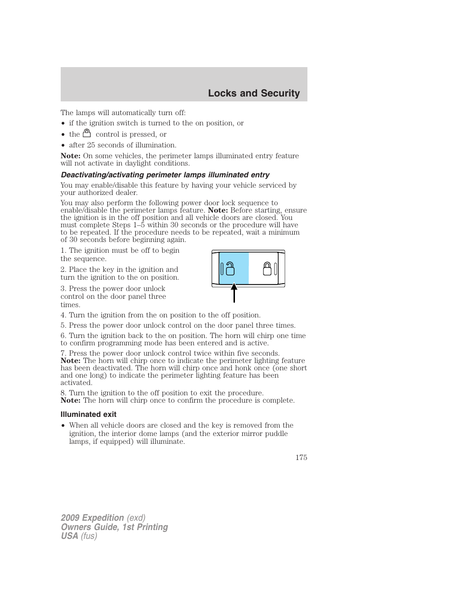 Illuminated exit, Locks and security | FORD 2009 Expedition v.1 User Manual | Page 175 / 416