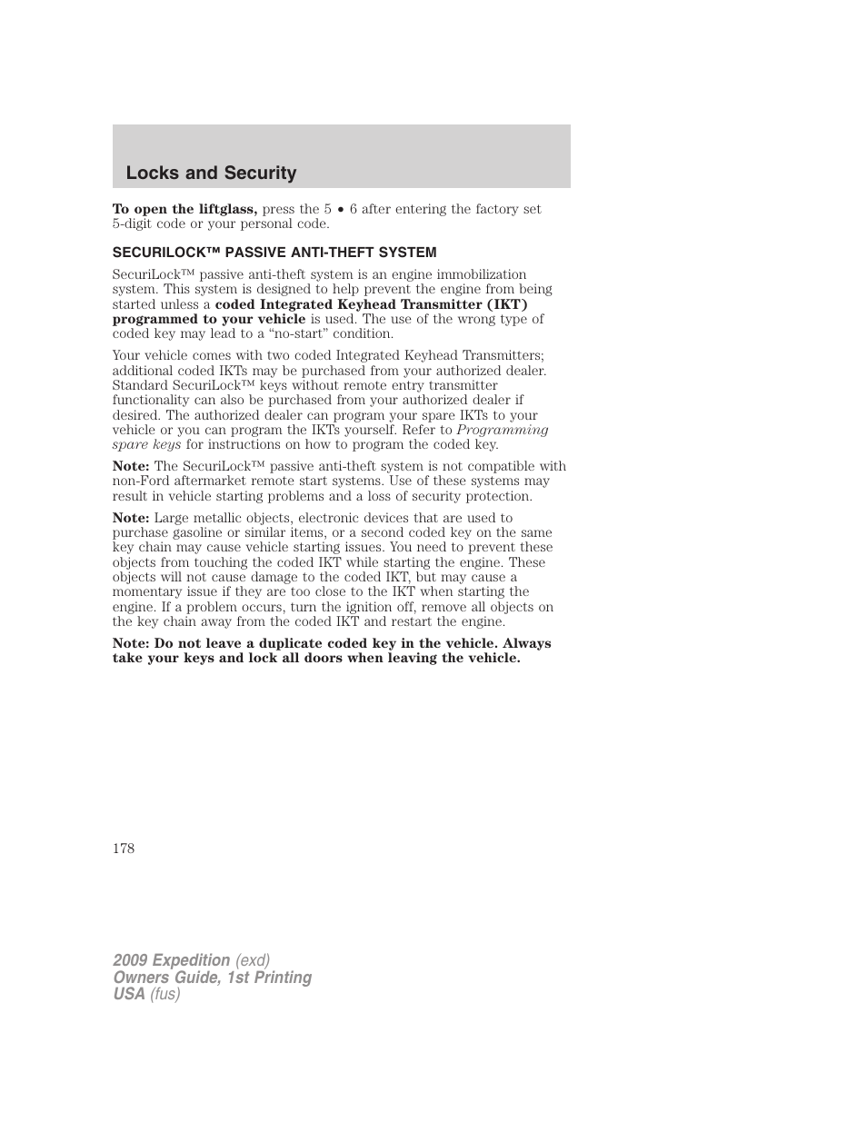 Securilock™ passive anti-theft system, Anti-theft system, Locks and security | FORD 2009 Expedition v.1 User Manual | Page 178 / 416