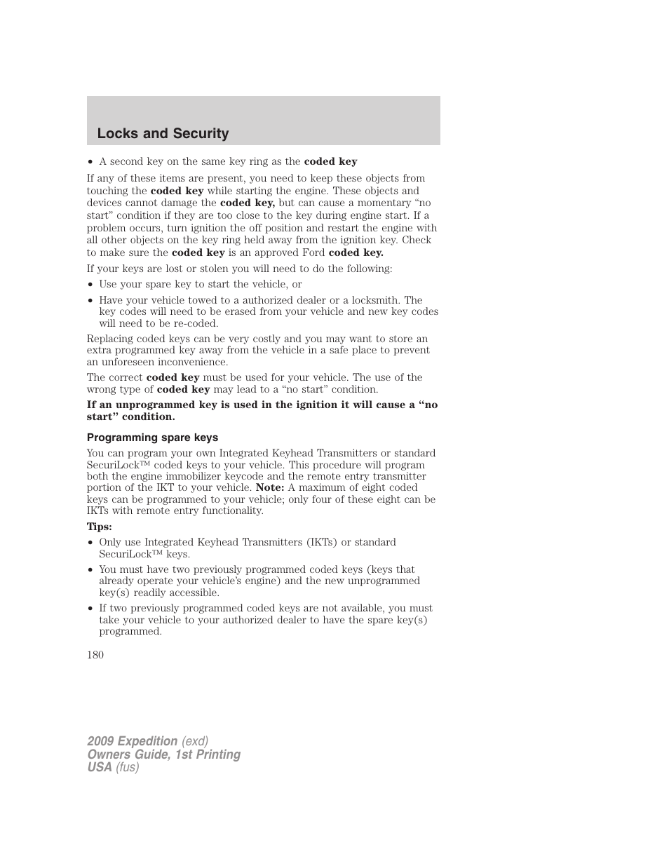 Programming spare keys, Locks and security | FORD 2009 Expedition v.1 User Manual | Page 180 / 416