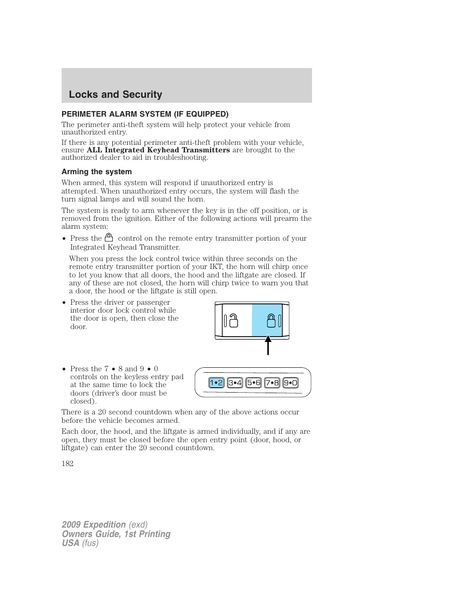 Perimeter alarm system (if equipped), Arming the system, Locks and security | FORD 2009 Expedition v.1 User Manual | Page 182 / 416