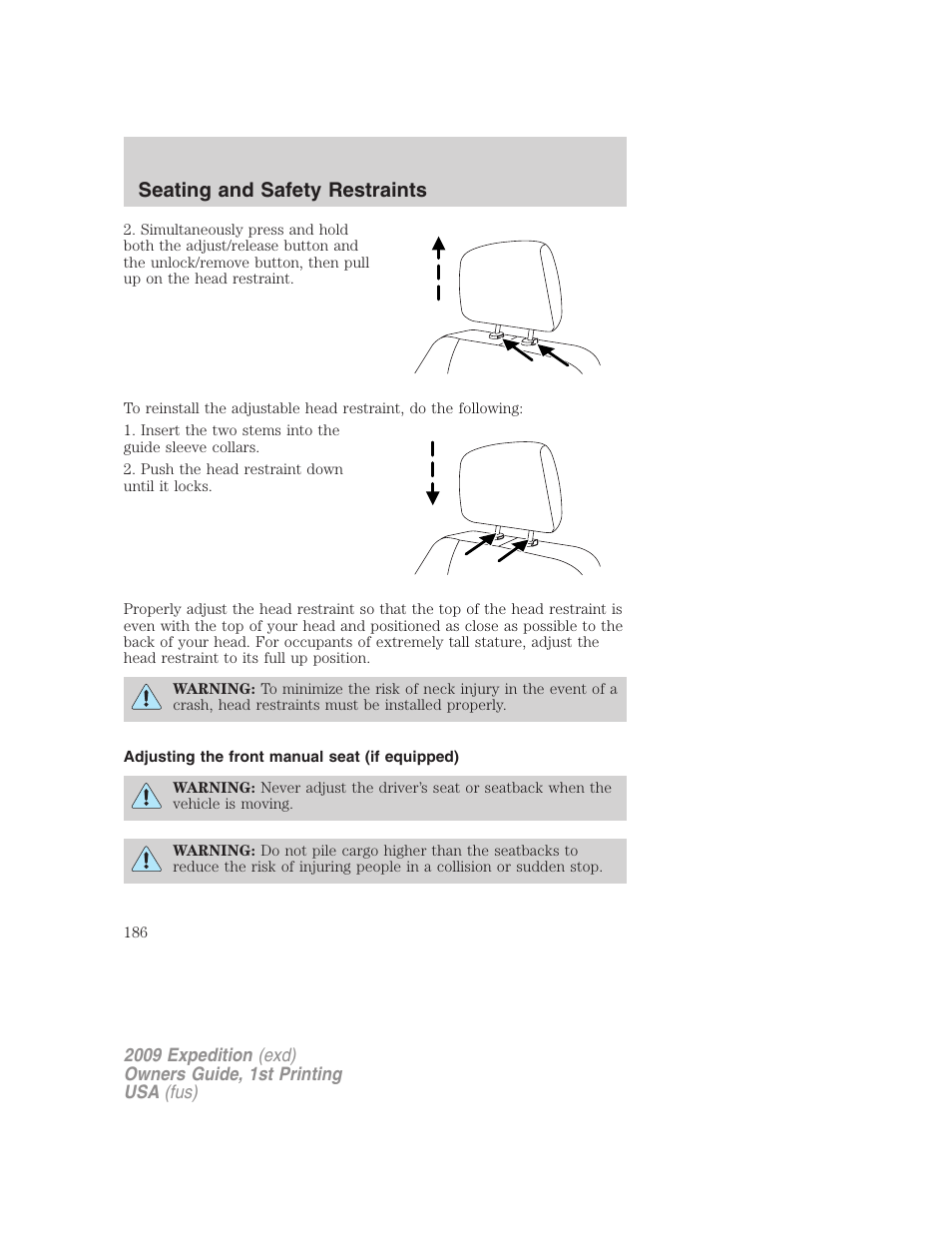 Adjusting the front manual seat (if equipped), Seating and safety restraints | FORD 2009 Expedition v.1 User Manual | Page 186 / 416