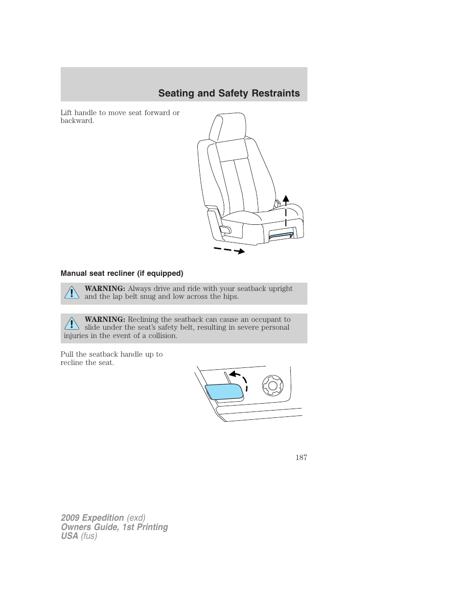 Manual seat recliner (if equipped), Seating and safety restraints | FORD 2009 Expedition v.1 User Manual | Page 187 / 416
