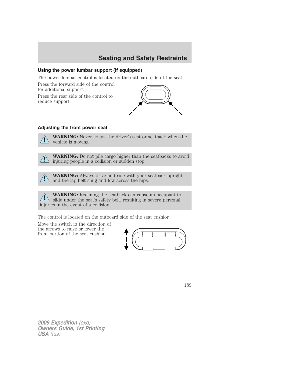 Using the power lumbar support (if equipped), Adjusting the front power seat, Seating and safety restraints | FORD 2009 Expedition v.1 User Manual | Page 189 / 416