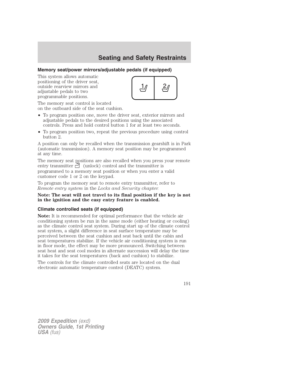 Climate controlled seats (if equipped), Seating and safety restraints | FORD 2009 Expedition v.1 User Manual | Page 191 / 416