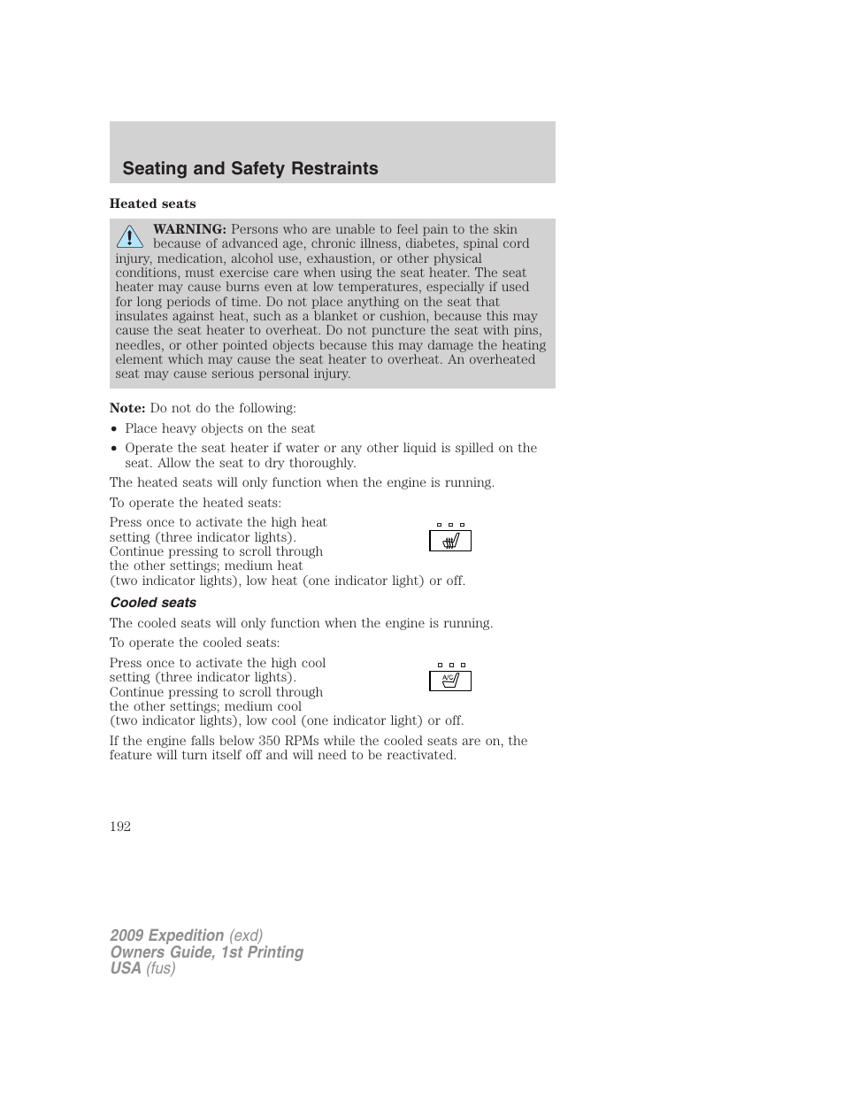 Cooled seats, Seating and safety restraints | FORD 2009 Expedition v.1 User Manual | Page 192 / 416