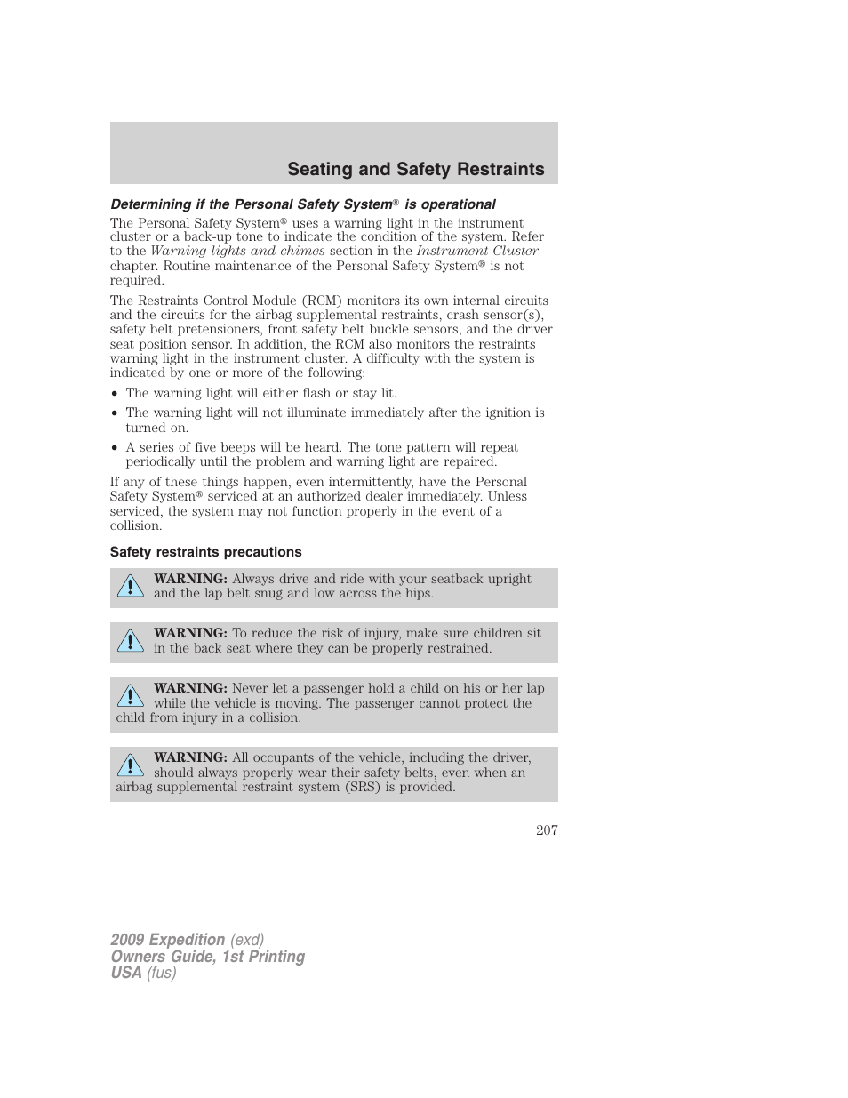 Safety restraints precautions, Seating and safety restraints | FORD 2009 Expedition v.1 User Manual | Page 207 / 416