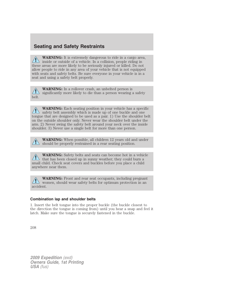 Combination lap and shoulder belts, Seating and safety restraints | FORD 2009 Expedition v.1 User Manual | Page 208 / 416