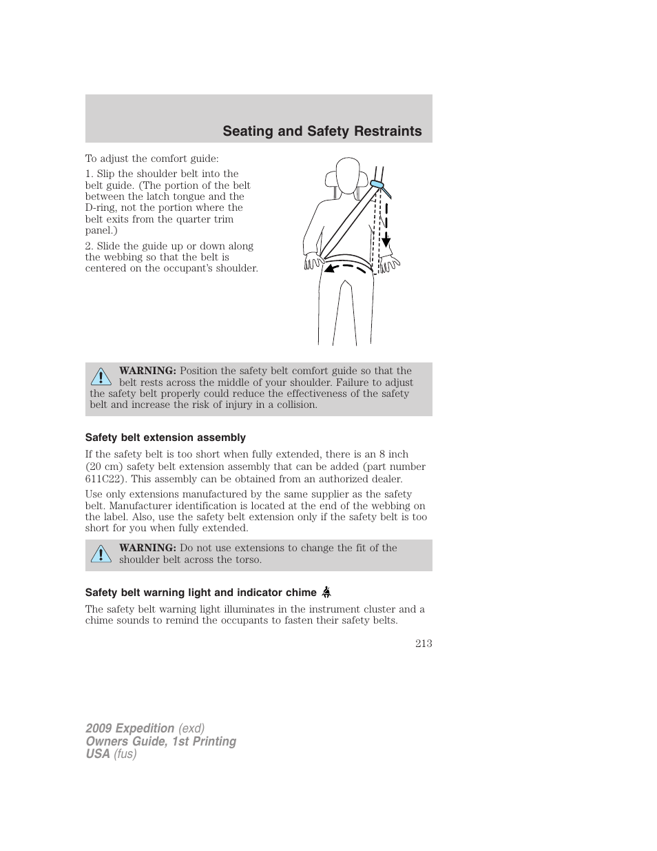 Safety belt extension assembly, Safety belt warning light and indicator chime, Seating and safety restraints | FORD 2009 Expedition v.1 User Manual | Page 213 / 416