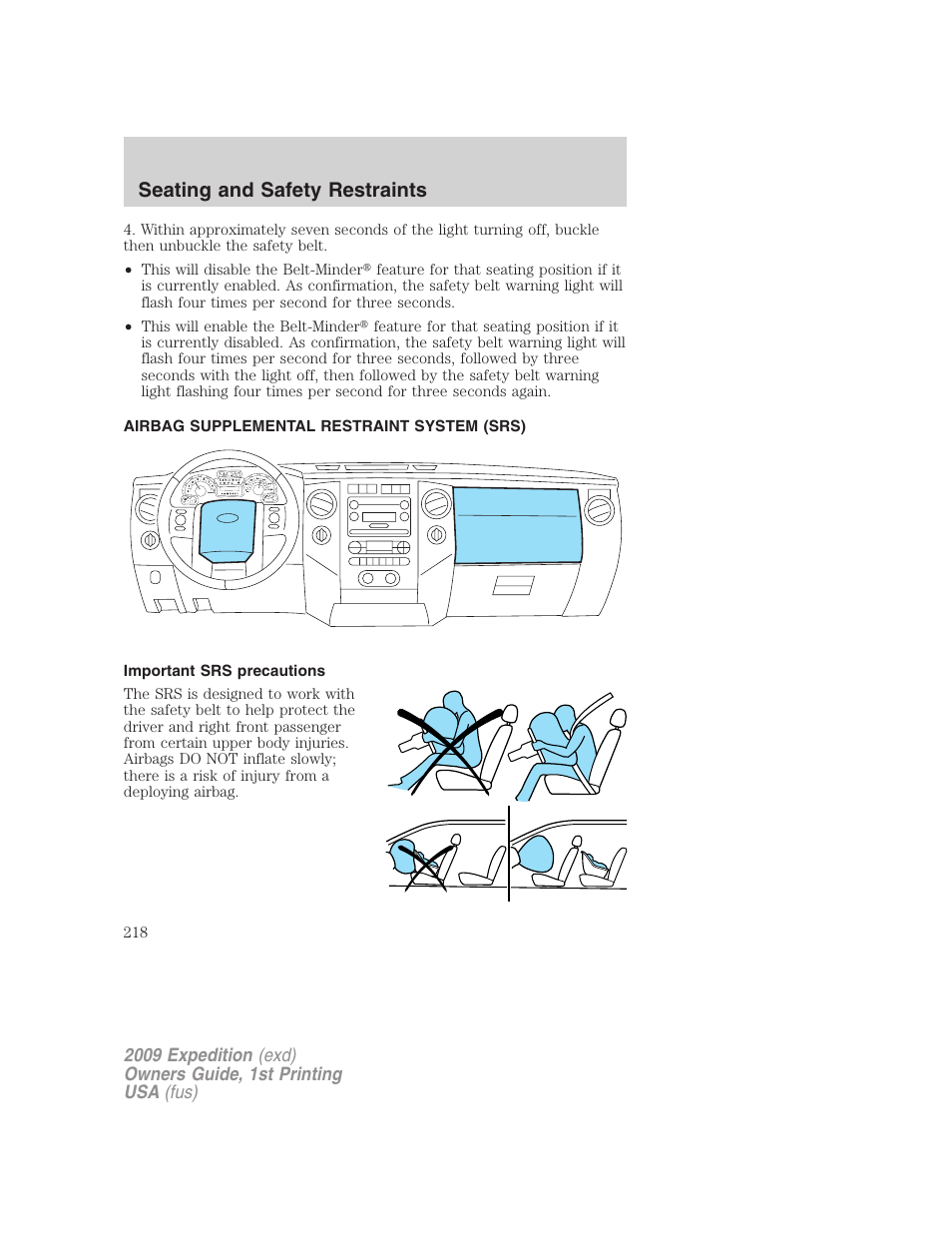 Airbag supplemental restraint system (srs), Important srs precautions, Airbags | Seating and safety restraints | FORD 2009 Expedition v.1 User Manual | Page 218 / 416