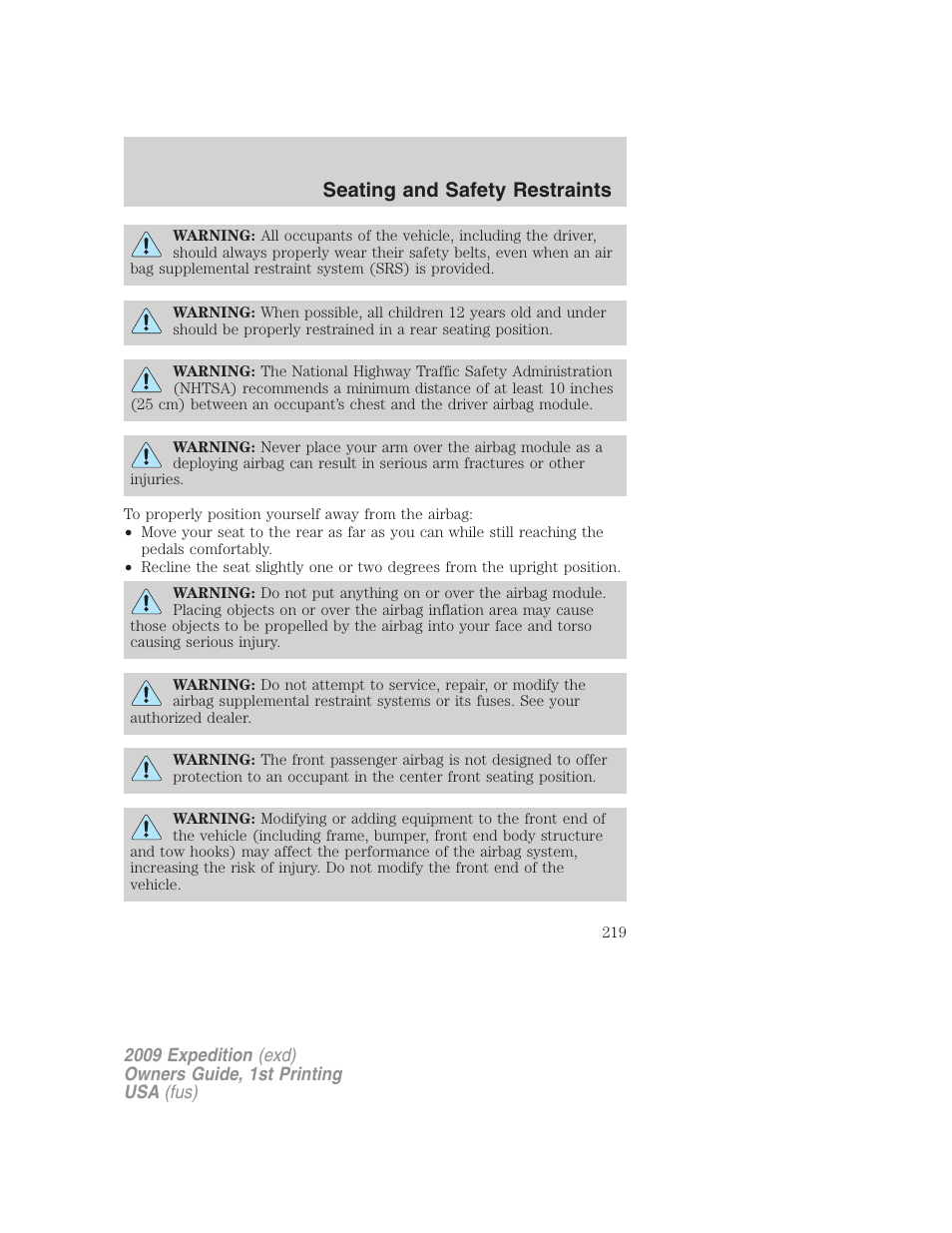 Seating and safety restraints | FORD 2009 Expedition v.1 User Manual | Page 219 / 416