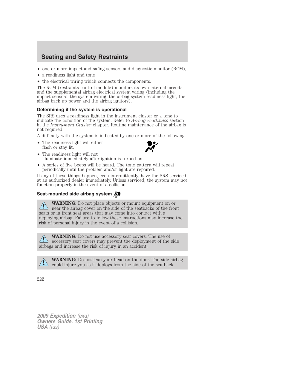 Determining if the system is operational, Seat-mounted side airbag system, Seating and safety restraints | FORD 2009 Expedition v.1 User Manual | Page 222 / 416
