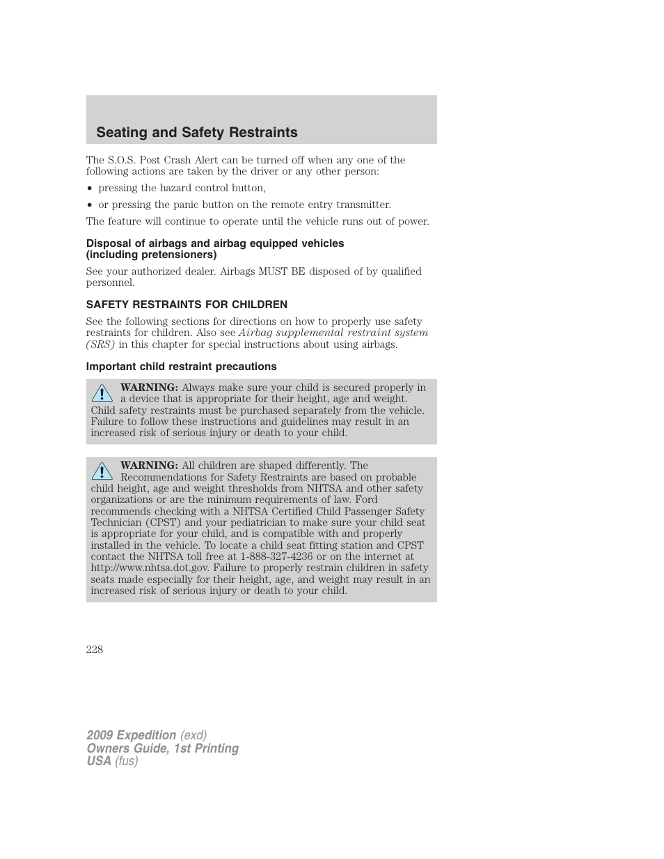 Safety restraints for children, Important child restraint precautions, Child restraints | Seating and safety restraints | FORD 2009 Expedition v.1 User Manual | Page 228 / 416