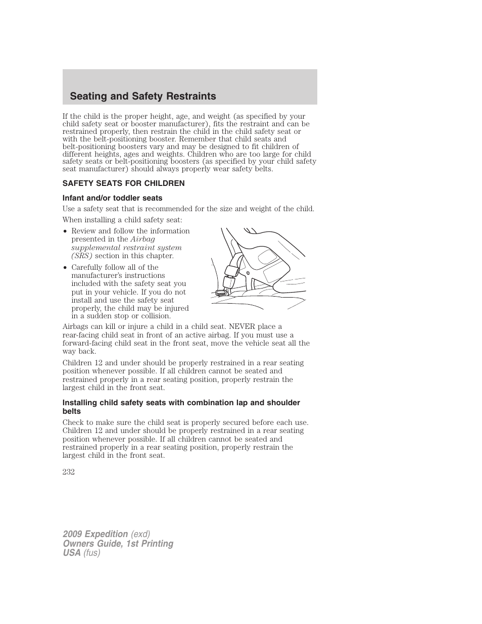 Safety seats for children, Infant and/or toddler seats, Seating and safety restraints | FORD 2009 Expedition v.1 User Manual | Page 232 / 416