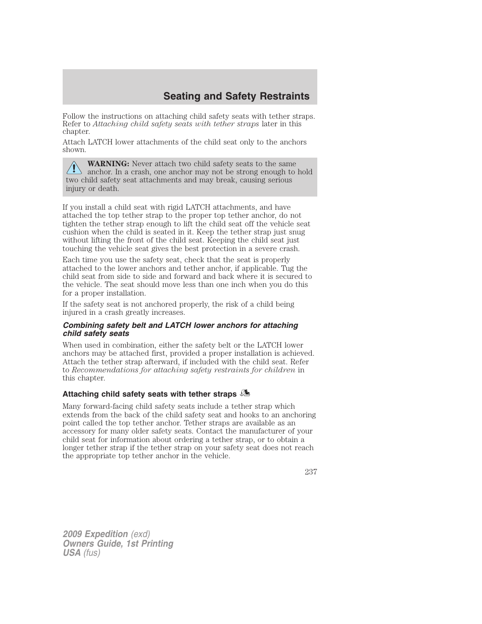 Attaching child safety seats with tether straps, Seating and safety restraints | FORD 2009 Expedition v.1 User Manual | Page 237 / 416