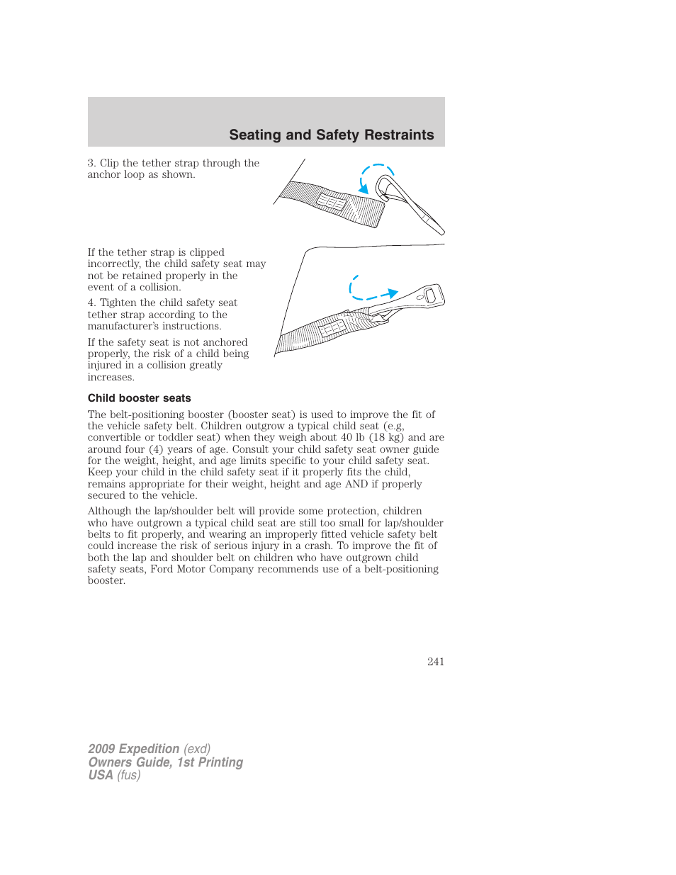 Child booster seats, Seating and safety restraints | FORD 2009 Expedition v.1 User Manual | Page 241 / 416