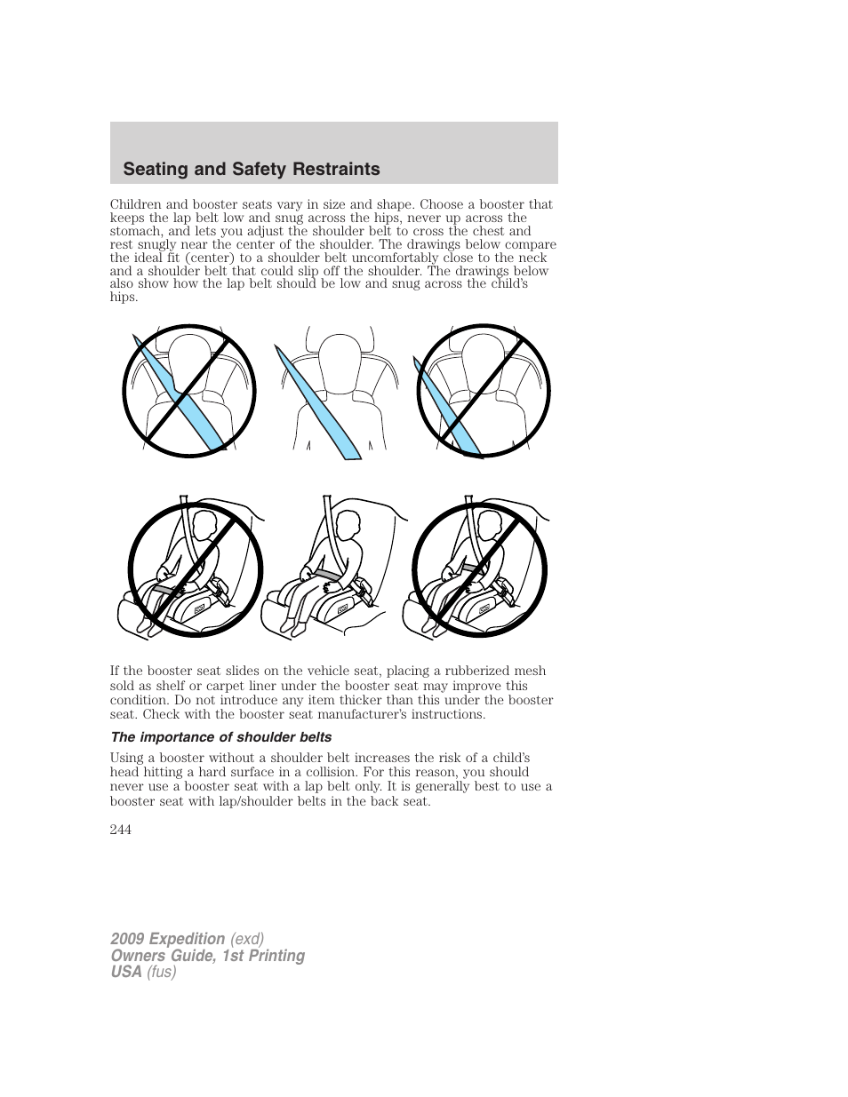 The importance of shoulder belts, Seating and safety restraints | FORD 2009 Expedition v.1 User Manual | Page 244 / 416