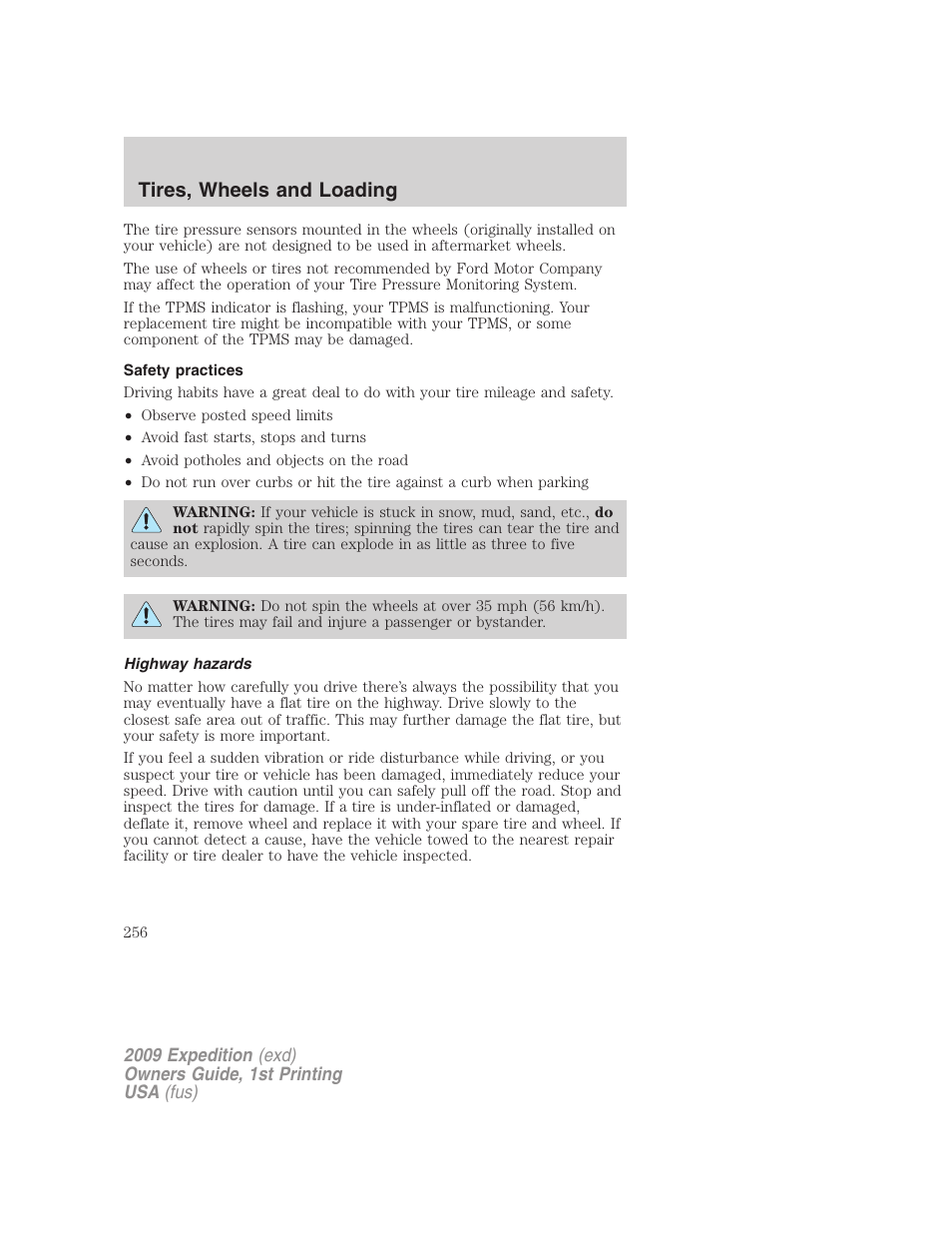 Safety practices, Highway hazards, Tires, wheels and loading | FORD 2009 Expedition v.1 User Manual | Page 256 / 416