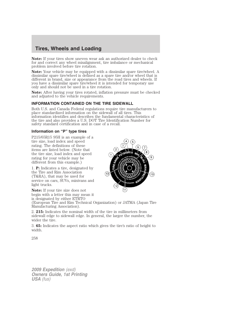 Information contained on the tire sidewall, Information on “p” type tires, Tires, wheels and loading | FORD 2009 Expedition v.1 User Manual | Page 258 / 416