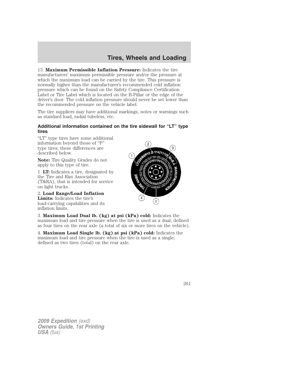 Tires, wheels and loading | FORD 2009 Expedition v.1 User Manual | Page 261 / 416