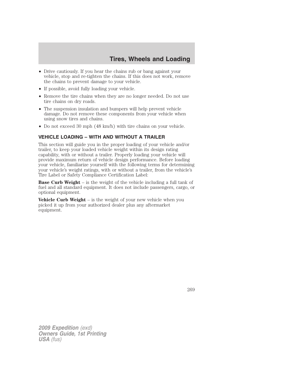 Vehicle loading – with and without a trailer, Vehicle loading, Tires, wheels and loading | FORD 2009 Expedition v.1 User Manual | Page 269 / 416