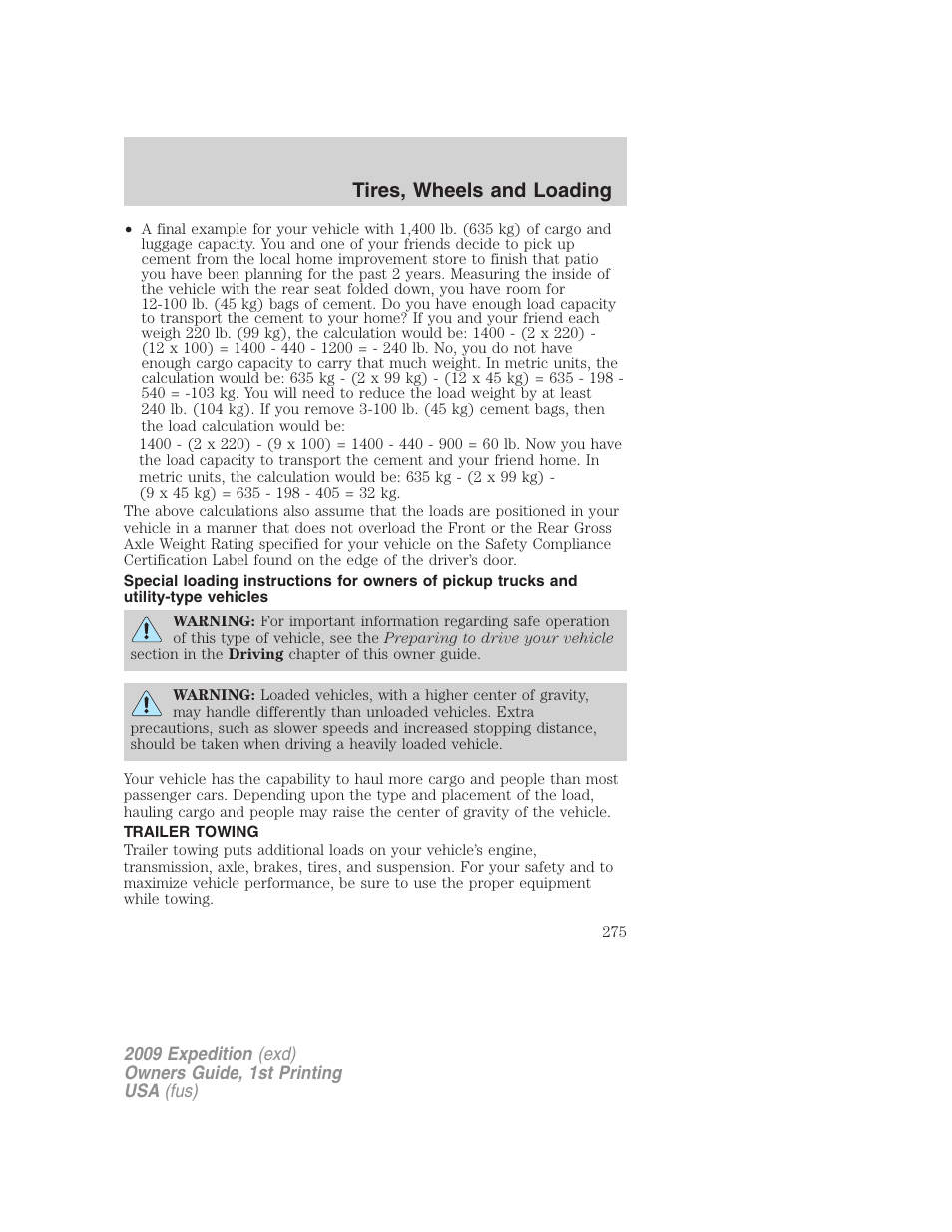 Trailer towing, Tires, wheels and loading | FORD 2009 Expedition v.1 User Manual | Page 275 / 416