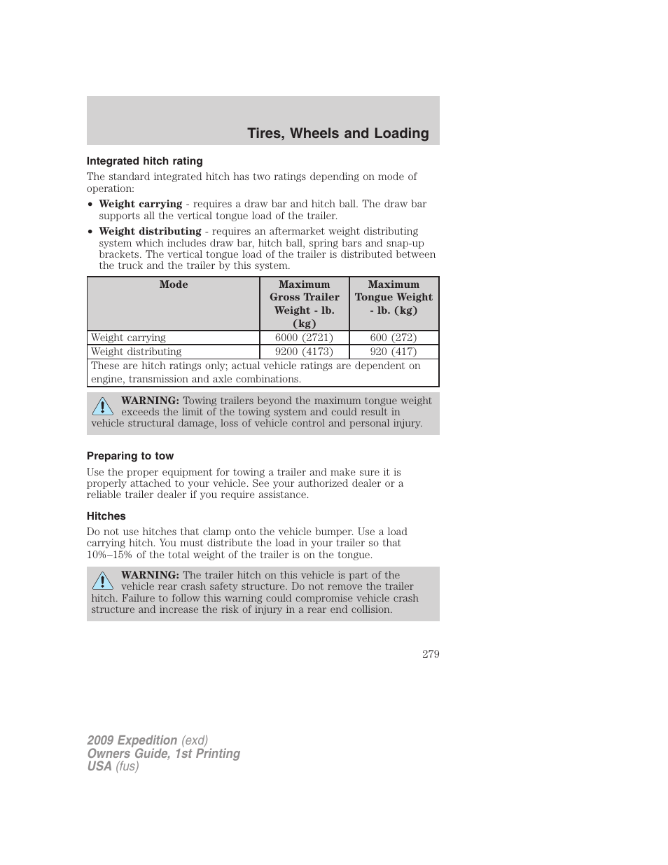 Integrated hitch rating, Preparing to tow, Hitches | Tires, wheels and loading | FORD 2009 Expedition v.1 User Manual | Page 279 / 416