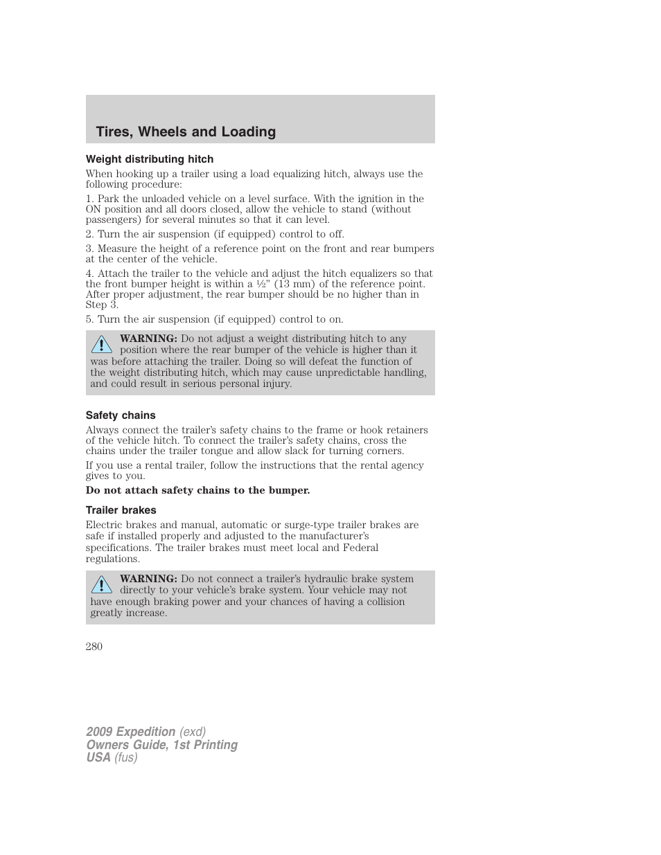 Weight distributing hitch, Safety chains, Trailer brakes | Tires, wheels and loading | FORD 2009 Expedition v.1 User Manual | Page 280 / 416