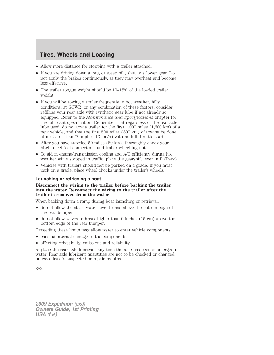 Launching or retrieving a boat, Tires, wheels and loading | FORD 2009 Expedition v.1 User Manual | Page 282 / 416