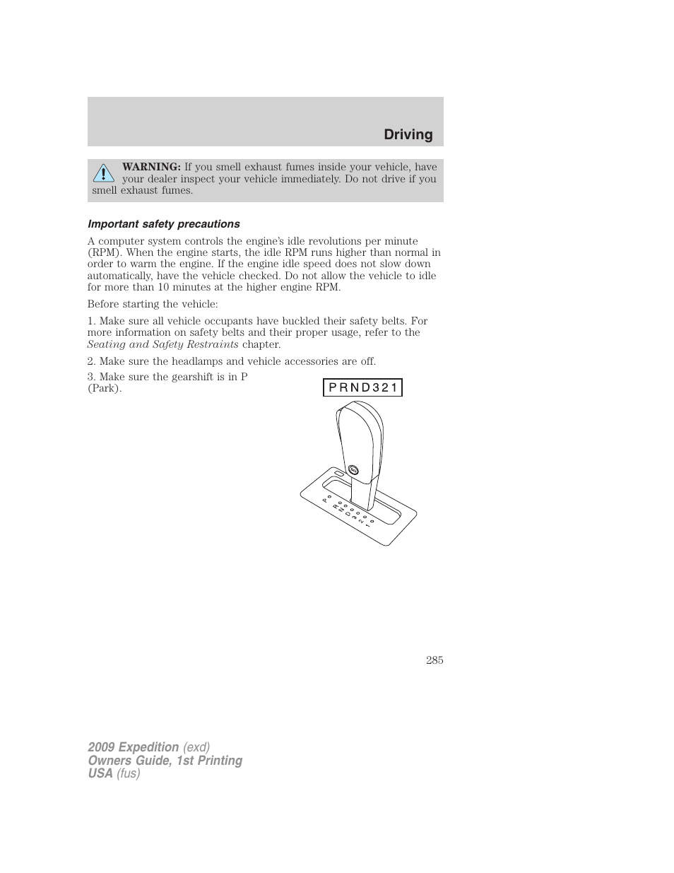 Important safety precautions, Driving | FORD 2009 Expedition v.1 User Manual | Page 285 / 416