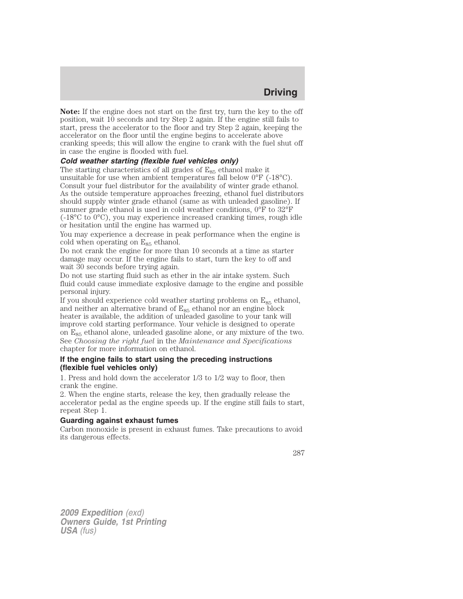 Guarding against exhaust fumes, Driving | FORD 2009 Expedition v.1 User Manual | Page 287 / 416