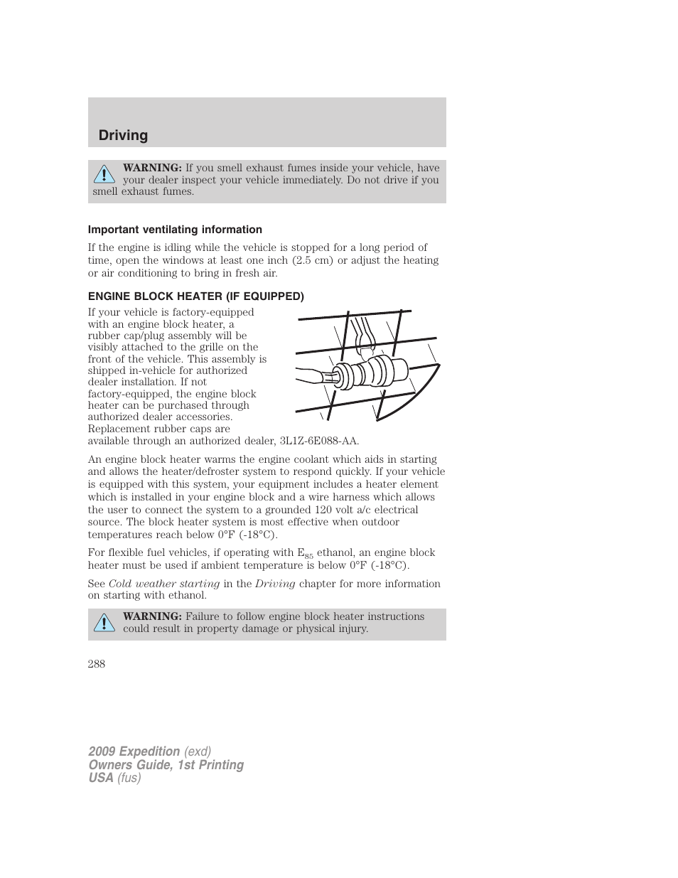 Important ventilating information, Engine block heater (if equipped), Driving | FORD 2009 Expedition v.1 User Manual | Page 288 / 416