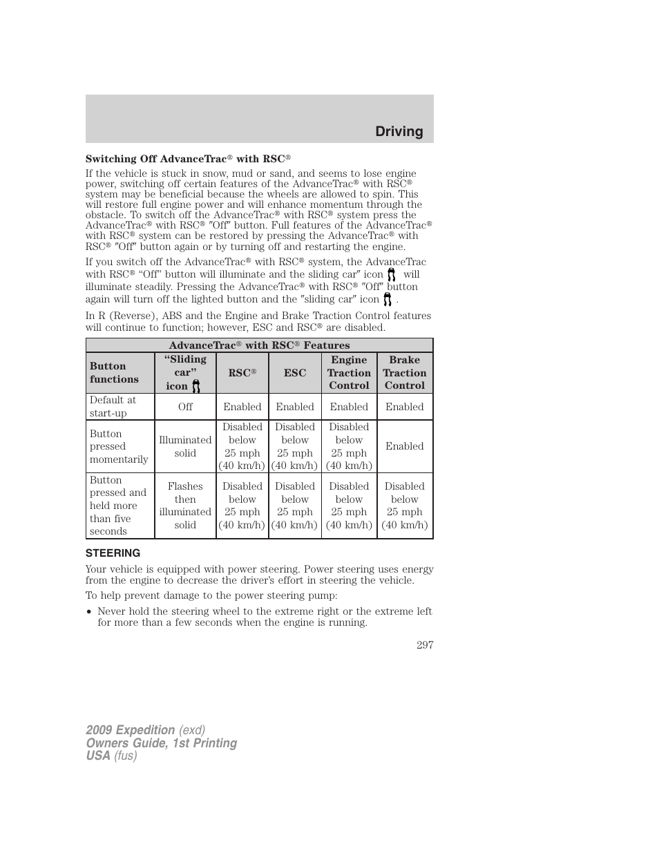 Steering, Driving | FORD 2009 Expedition v.1 User Manual | Page 297 / 416