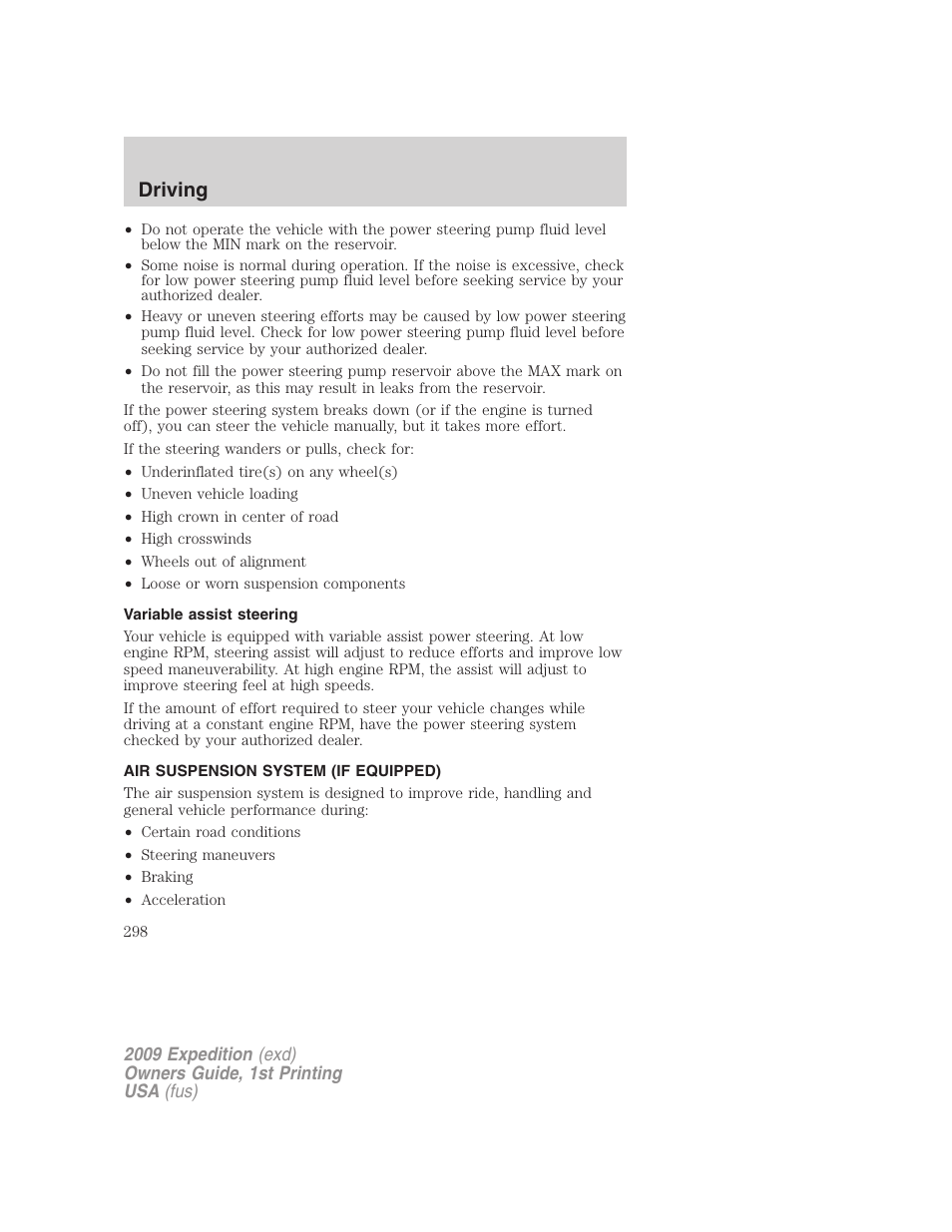 Variable assist steering, Air suspension system (if equipped), Air suspension | Driving | FORD 2009 Expedition v.1 User Manual | Page 298 / 416