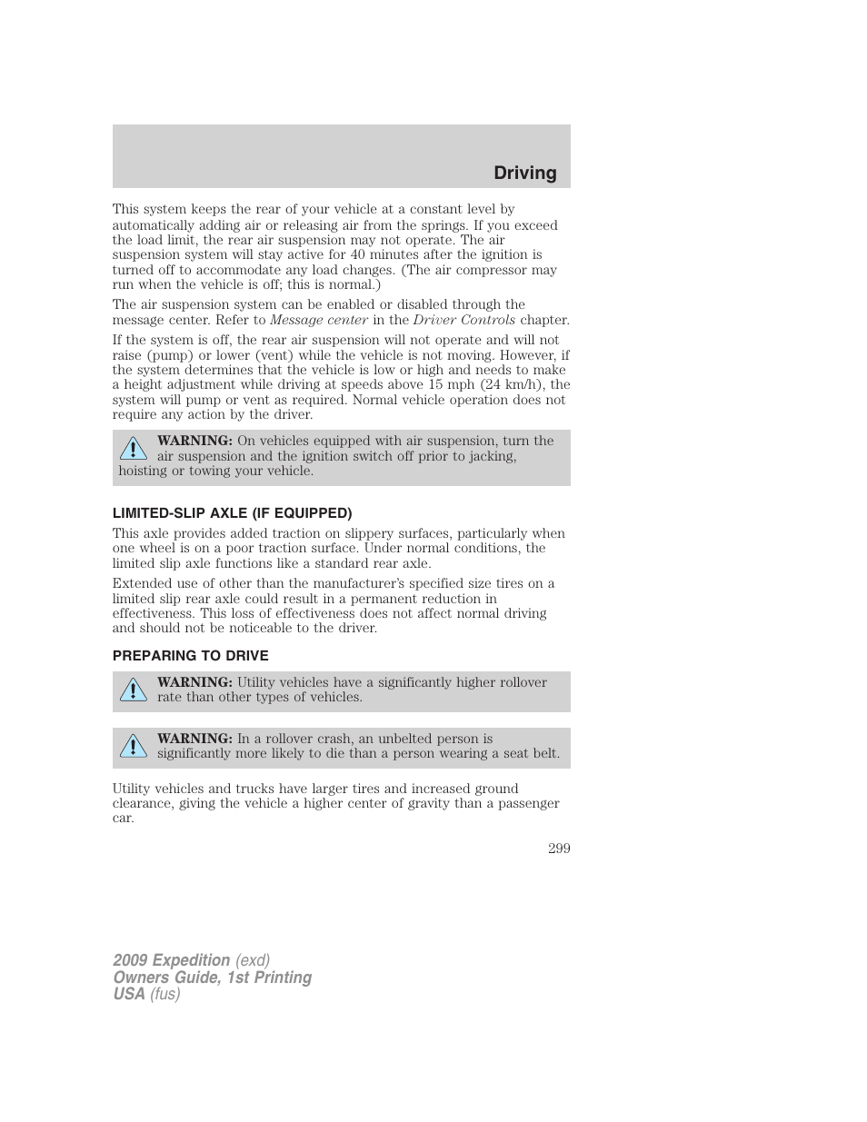 Limited-slip axle (if equipped), Preparing to drive, Driving | FORD 2009 Expedition v.1 User Manual | Page 299 / 416