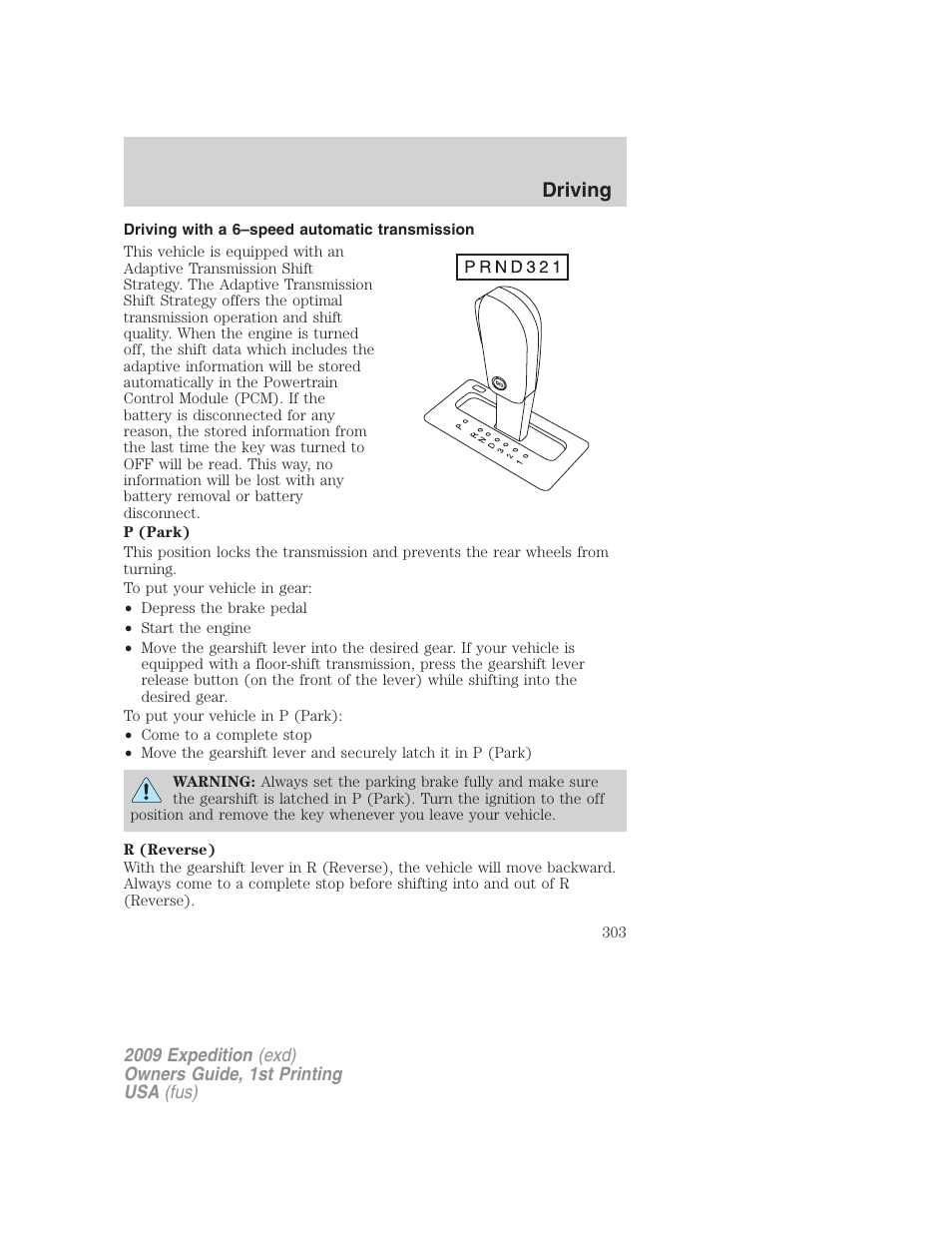 Driving with a 6–speed automatic transmission, Driving | FORD 2009 Expedition v.1 User Manual | Page 303 / 416