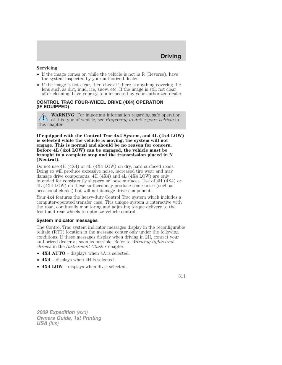 System indicator messages, Driving | FORD 2009 Expedition v.1 User Manual | Page 311 / 416