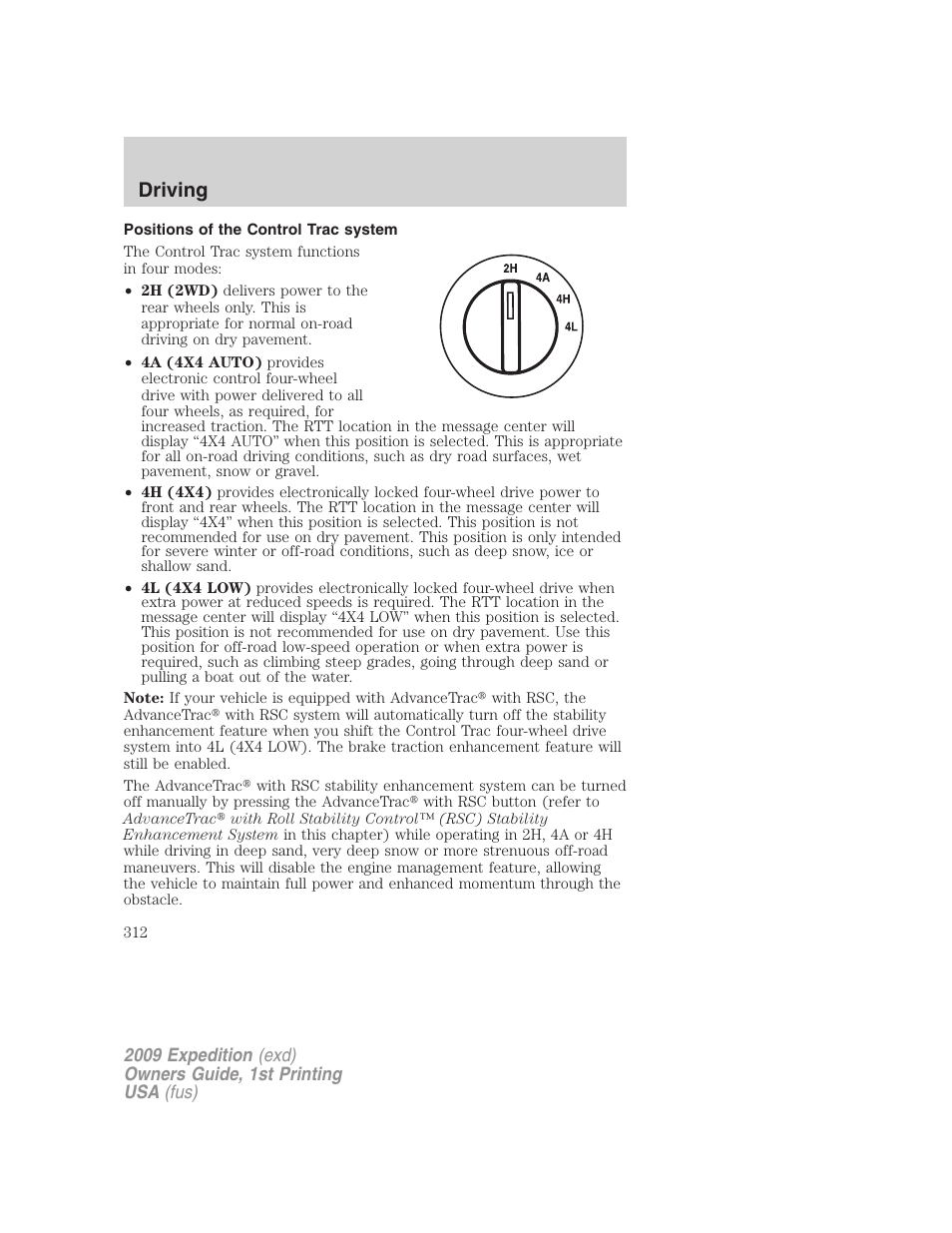 Positions of the control trac system, Driving | FORD 2009 Expedition v.1 User Manual | Page 312 / 416